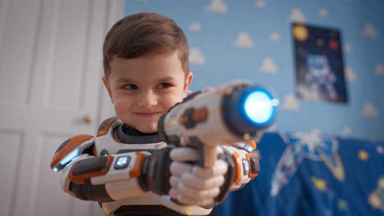 Un pequeño héroe espacial en su habitación